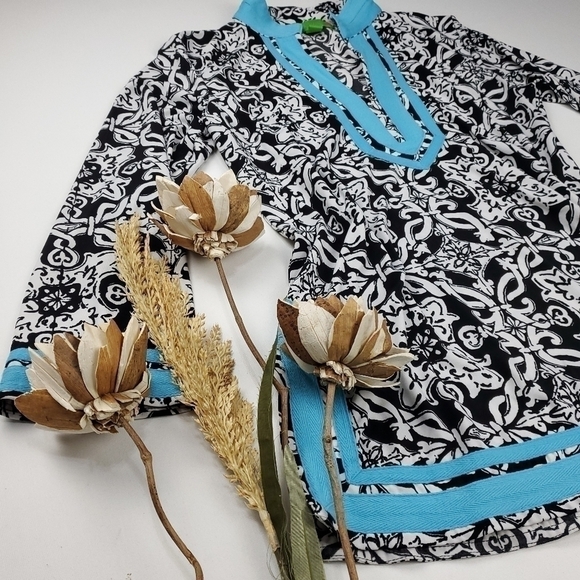Island Republic Blk Wht Blue Boho Tunic Top Med - Picture 2 of 15